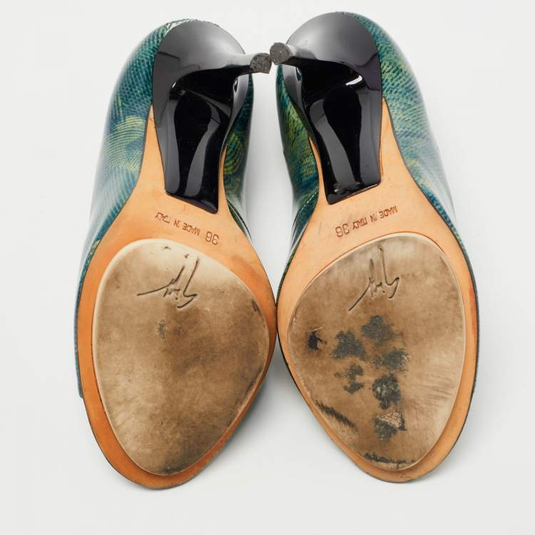 Pre Owned Giuseppe Zanotti Green Printed Patent Leather Peep Toe Pumps Size 36