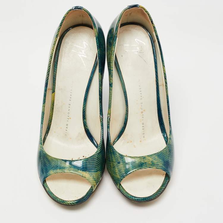 Pre Owned Giuseppe Zanotti Green Printed Patent Leather Peep Toe Pumps Size 36