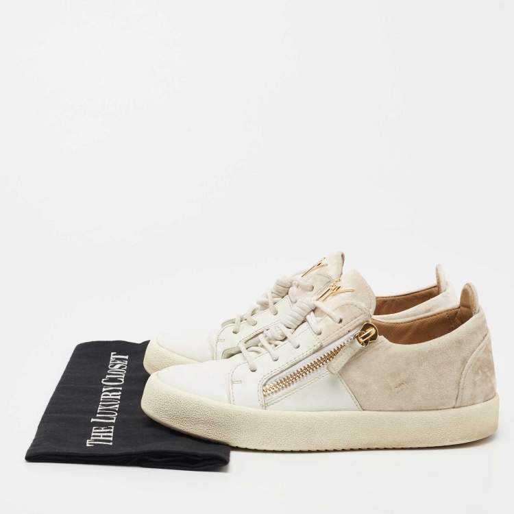 Pre Owned Giuseppe Zanotti White/Beige Leather and Velvet Frankie Sneakers Size 39