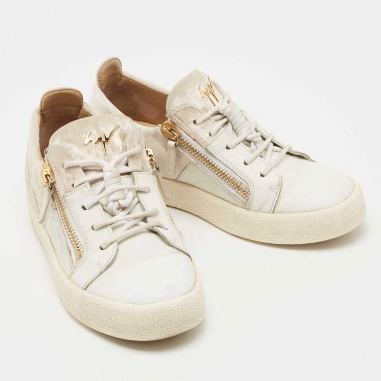 Pre Owned Giuseppe Zanotti White/Beige Leather and Velvet Frankie Sneakers Size 39