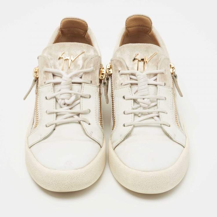 Pre Owned Giuseppe Zanotti White/Beige Leather and Velvet Frankie Sneakers Size 39