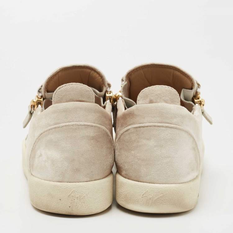 Pre Owned Giuseppe Zanotti White/Beige Leather and Velvet Frankie Sneakers Size 39