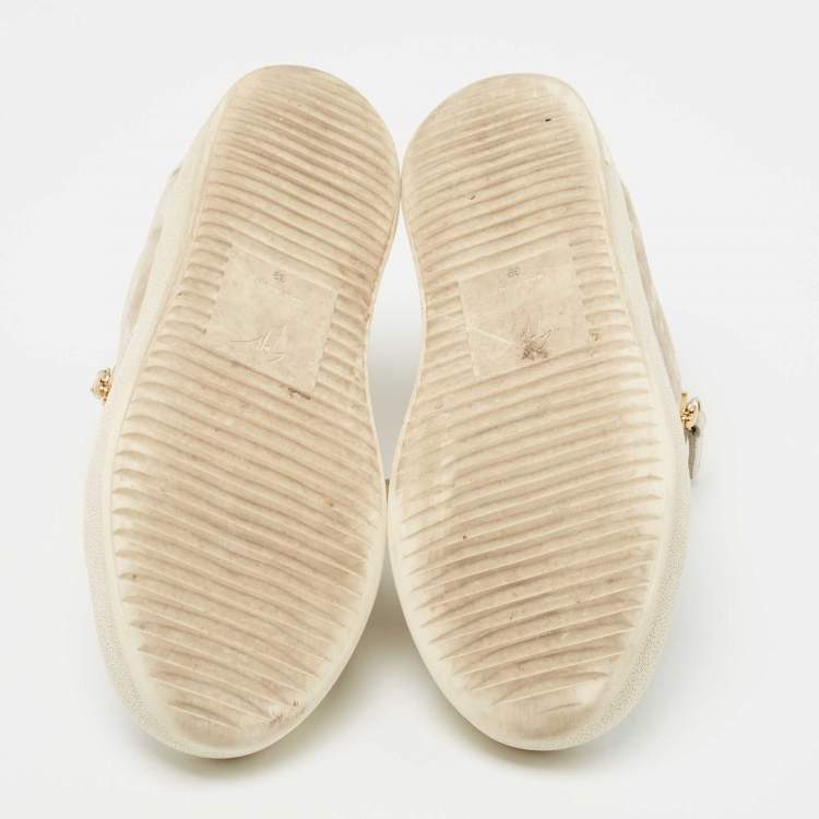 Pre Owned Giuseppe Zanotti White/Beige Leather and Velvet Frankie Sneakers Size 39