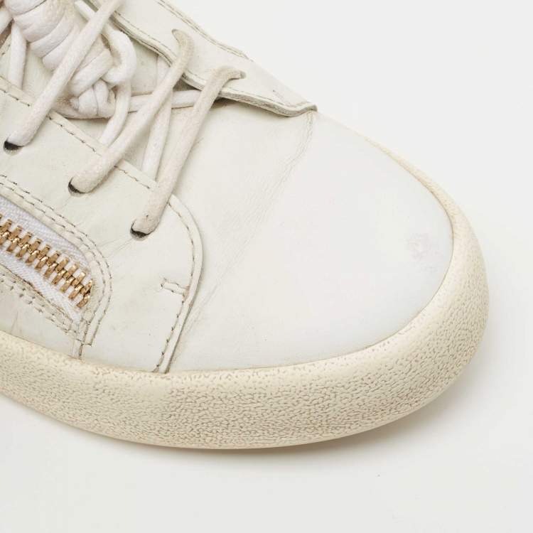 Pre Owned Giuseppe Zanotti White/Beige Leather and Velvet Frankie Sneakers Size 39