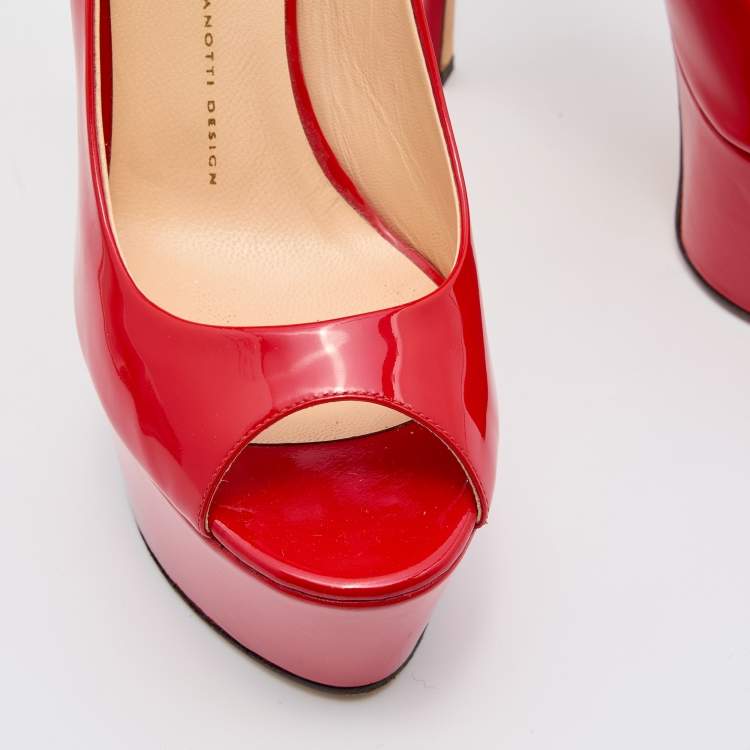 Pre Owned Giuseppe Zanotti Red Patent Leather Open Toe Platform Pumps Size 40