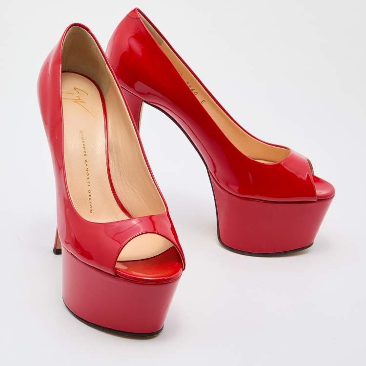 Pre Owned Giuseppe Zanotti Red Patent Leather Open Toe Platform Pumps Size 40