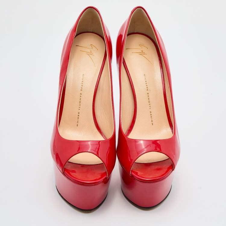 Pre Owned Giuseppe Zanotti Red Patent Leather Open Toe Platform Pumps Size 40
