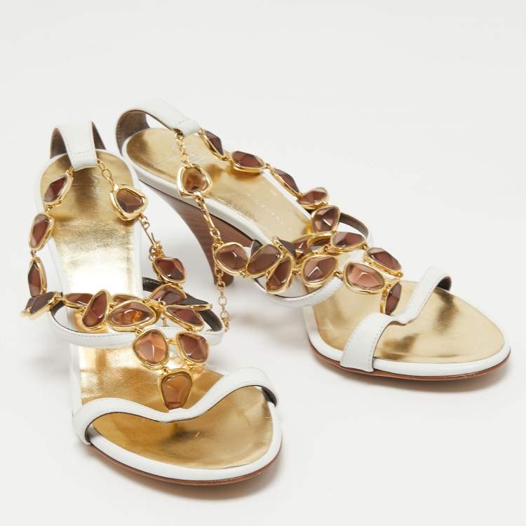 Pre Owned Giuseppe Zanotti White Leather Embellished Ankle Strap Sandals Size 36 