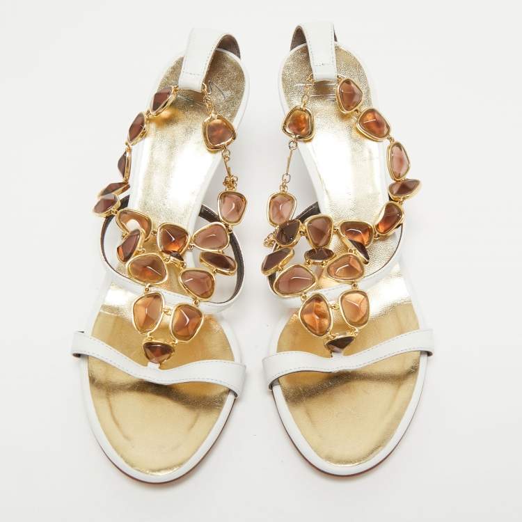Pre Owned Giuseppe Zanotti White Leather Embellished Ankle Strap Sandals Size 36 