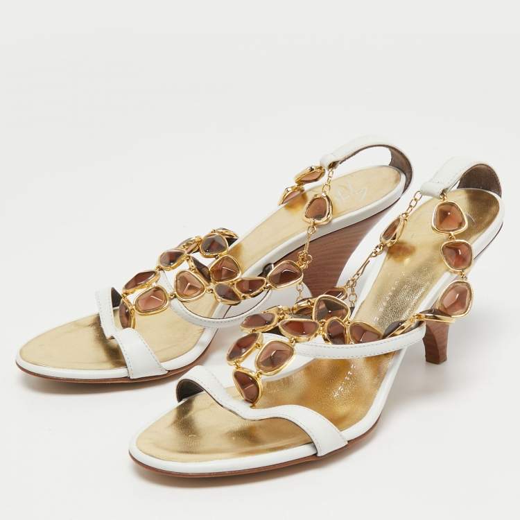 Pre Owned Giuseppe Zanotti White Leather Embellished Ankle Strap Sandals Size 36 