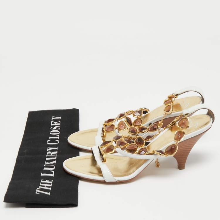 Pre Owned Giuseppe Zanotti White Leather Embellished Ankle Strap Sandals Size 36 