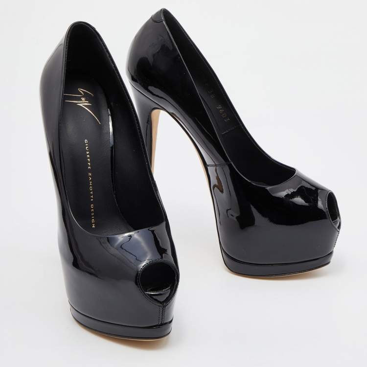 مملوكة مسبقًا Giuseppe Zanotti Black Patent Leather Platform Peep Toe Pumps Size 38