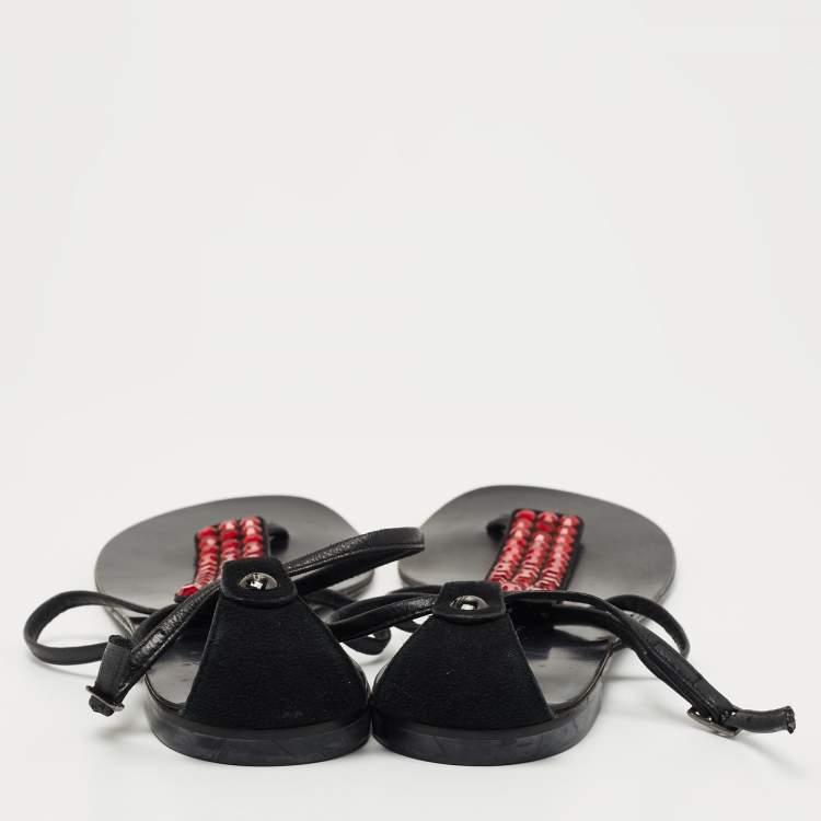 Pre Owned Giuseppe Zanotti Black Suede and Leather Crystal Embellished T-Strap Flat Sandals Size 40