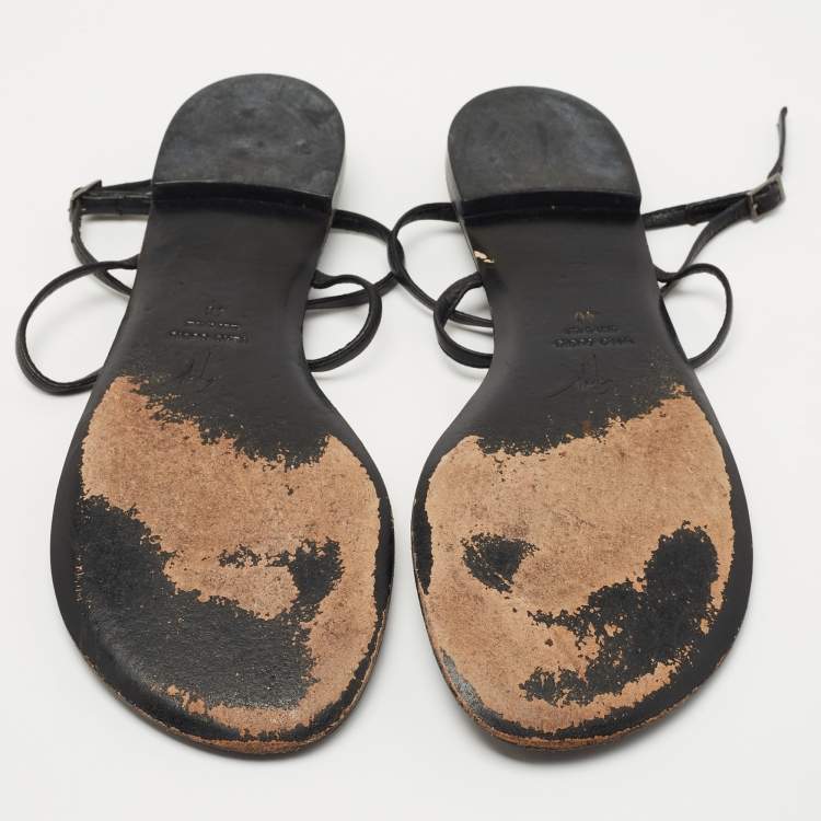 Pre Owned Giuseppe Zanotti Black Suede and Leather Crystal Embellished T-Strap Flat Sandals Size 40