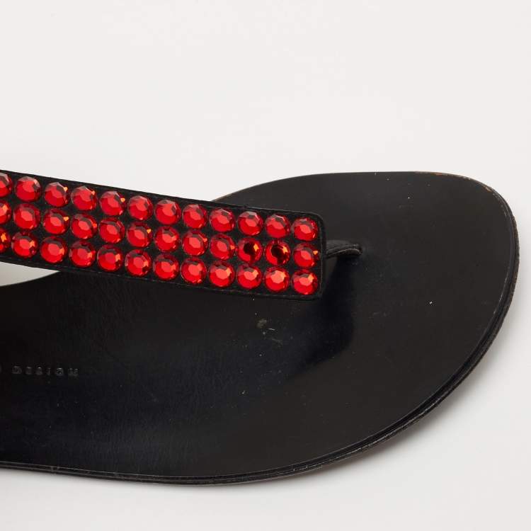 Pre Owned Giuseppe Zanotti Black Suede and Leather Crystal Embellished T-Strap Flat Sandals Size 40