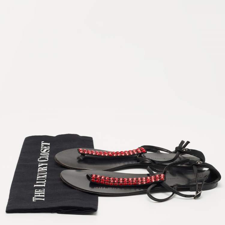 Pre Owned Giuseppe Zanotti Black Suede and Leather Crystal Embellished T-Strap Flat Sandals Size 40
