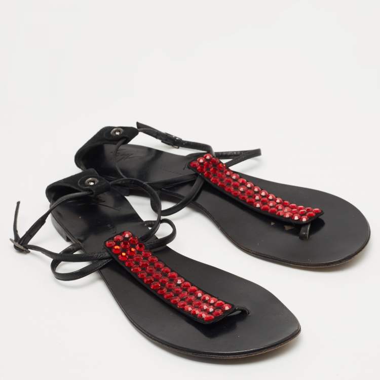 Pre Owned Giuseppe Zanotti Black Suede and Leather Crystal Embellished T-Strap Flat Sandals Size 40