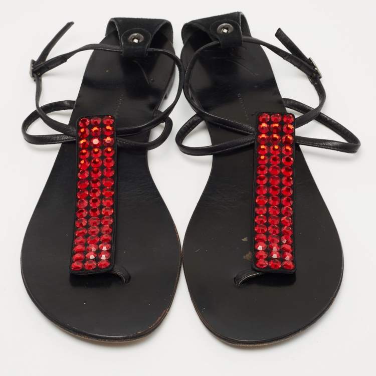 Pre Owned Giuseppe Zanotti Black Suede and Leather Crystal Embellished T-Strap Flat Sandals Size 40