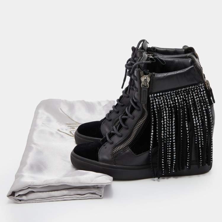 Pre Owned Giuseppe Zanotti Black Leather and Velvet Fringe Crystal Embellished High Top Sneakers Size 40.5