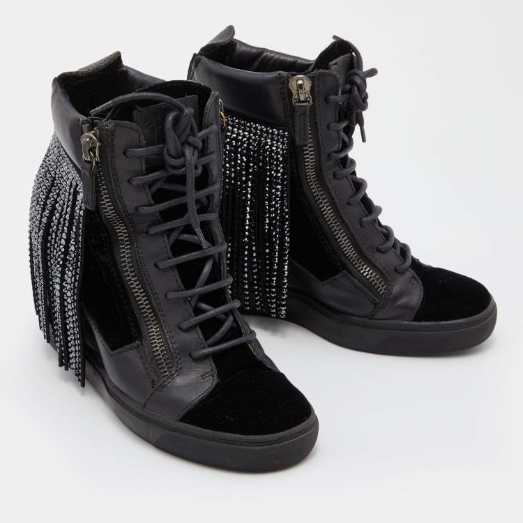 Pre Owned Giuseppe Zanotti Black Leather and Velvet Fringe Crystal Embellished High Top Sneakers Size 40.5