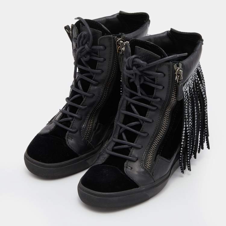 Pre Owned Giuseppe Zanotti Black Leather and Velvet Fringe Crystal Embellished High Top Sneakers Size 40.5