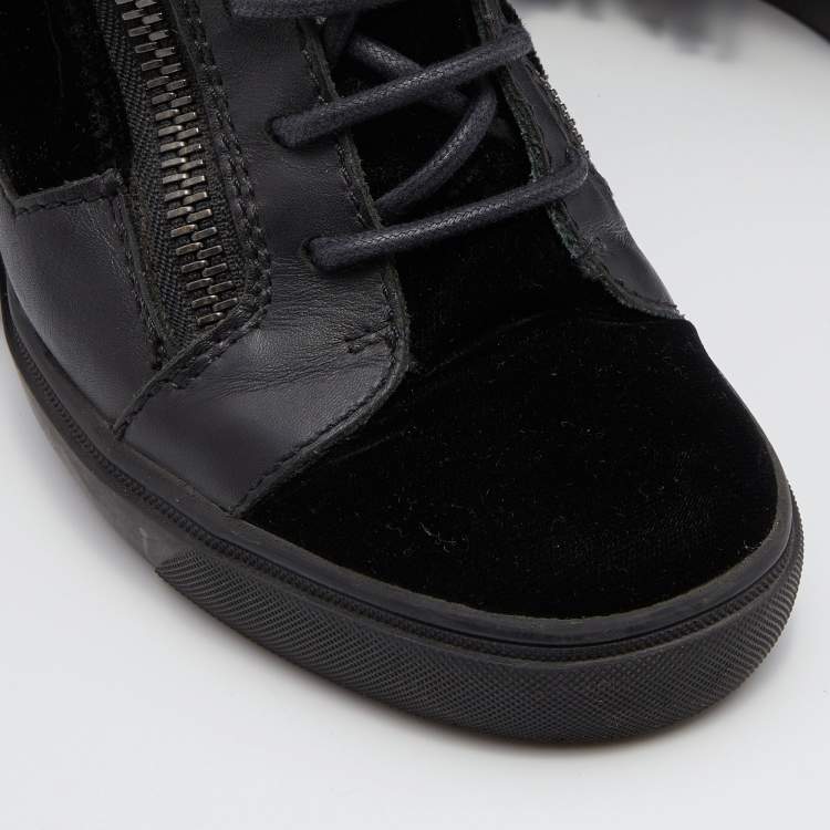 Pre Owned Giuseppe Zanotti Black Leather and Velvet Fringe Crystal Embellished High Top Sneakers Size 40.5