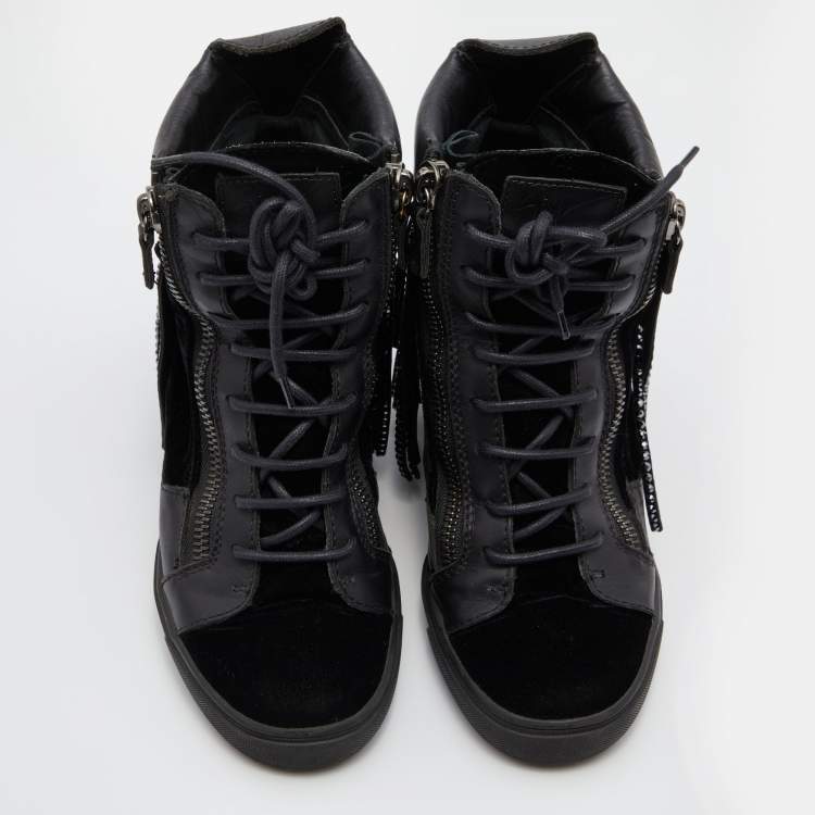 Pre Owned Giuseppe Zanotti Black Leather and Velvet Fringe Crystal Embellished High Top Sneakers Size 40.5