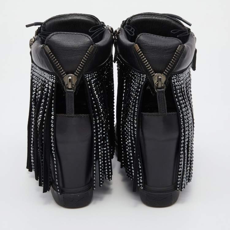 Pre Owned Giuseppe Zanotti Black Leather and Velvet Fringe Crystal Embellished High Top Sneakers Size 40.5