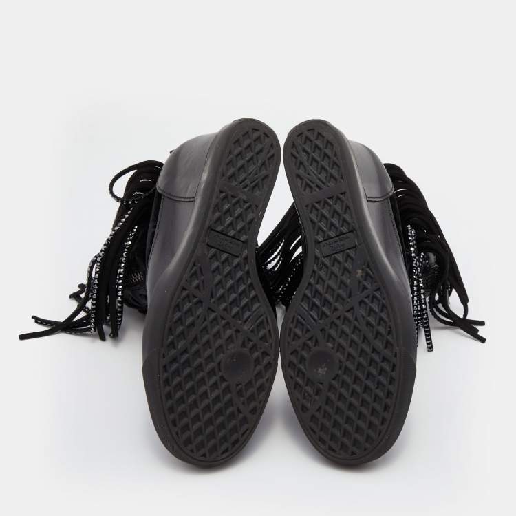 Pre Owned Giuseppe Zanotti Black Leather and Velvet Fringe Crystal Embellished High Top Sneakers Size 40.5