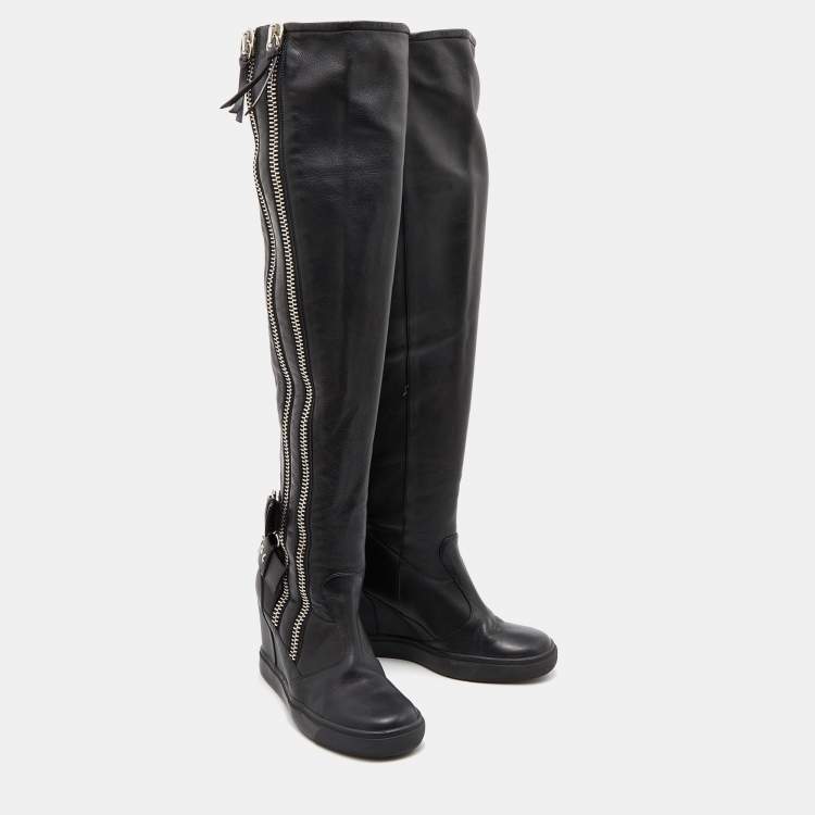 Pre Owned Giuseppe Zanotti Black Leather Zipper Cobain Wedge Knee Length Boots Size 41