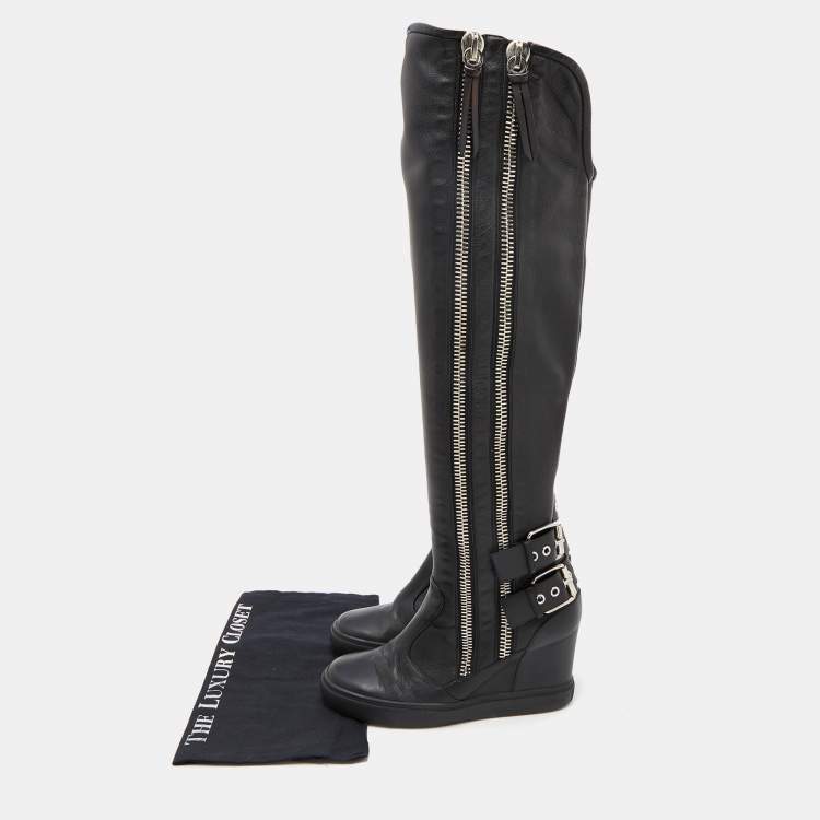 Pre Owned Giuseppe Zanotti Black Leather Zipper Cobain Wedge Knee Length Boots Size 41
