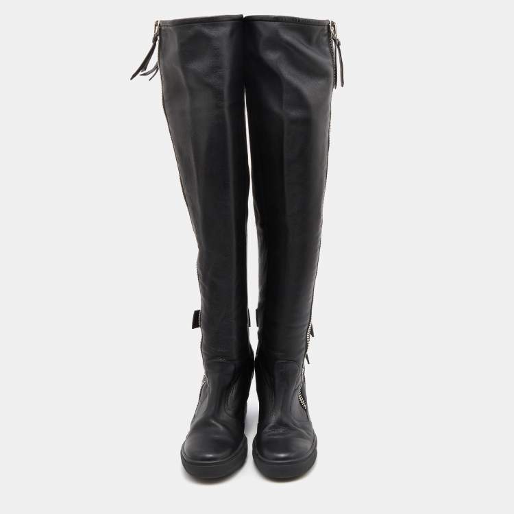 Pre Owned Giuseppe Zanotti Black Leather Zipper Cobain Wedge Knee Length Boots Size 41