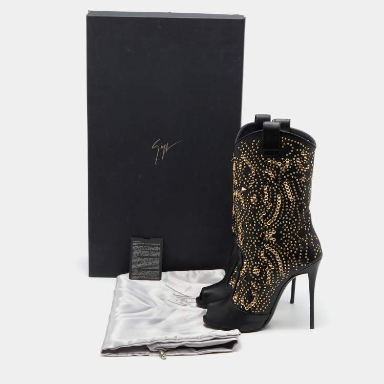 Pre Owned Giuseppe Zanotti Black Leather Crystal Embellished Calf Length Boots Size 40