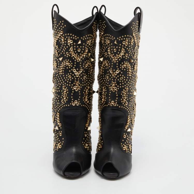 Pre Owned Giuseppe Zanotti Black Leather Crystal Embellished Calf Length Boots Size 40