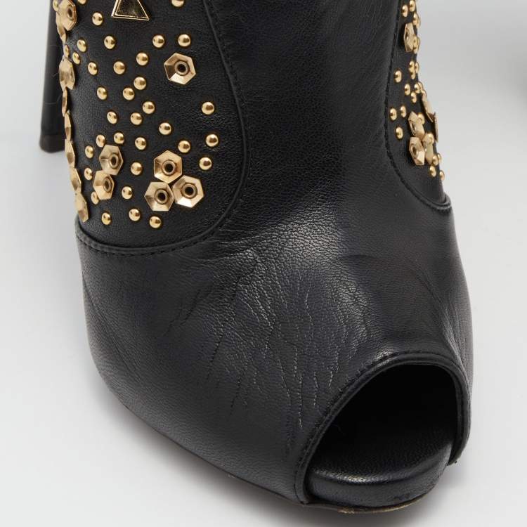 Pre Owned Giuseppe Zanotti Black Leather Crystal Embellished Calf Length Boots Size 40