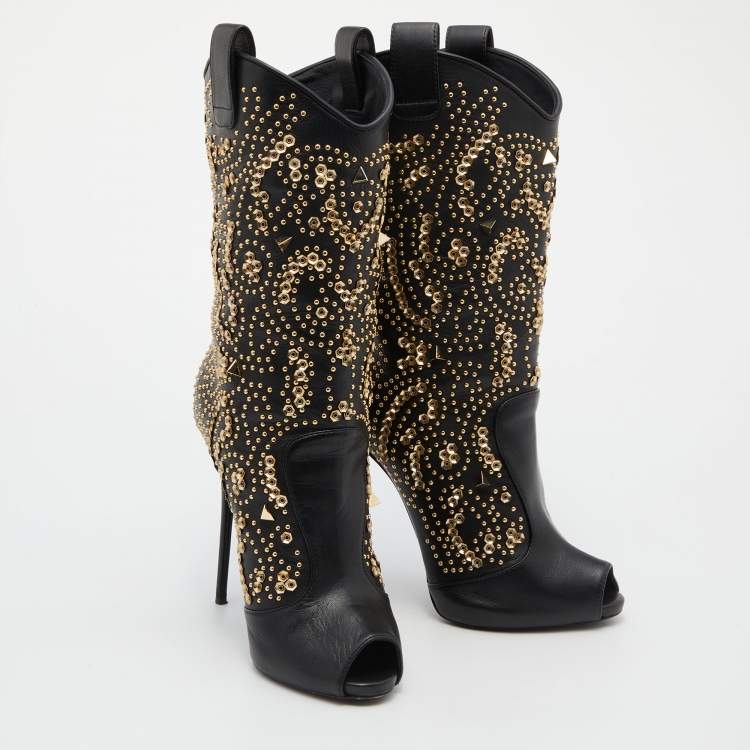 Pre Owned Giuseppe Zanotti Black Leather Crystal Embellished Calf Length Boots Size 40