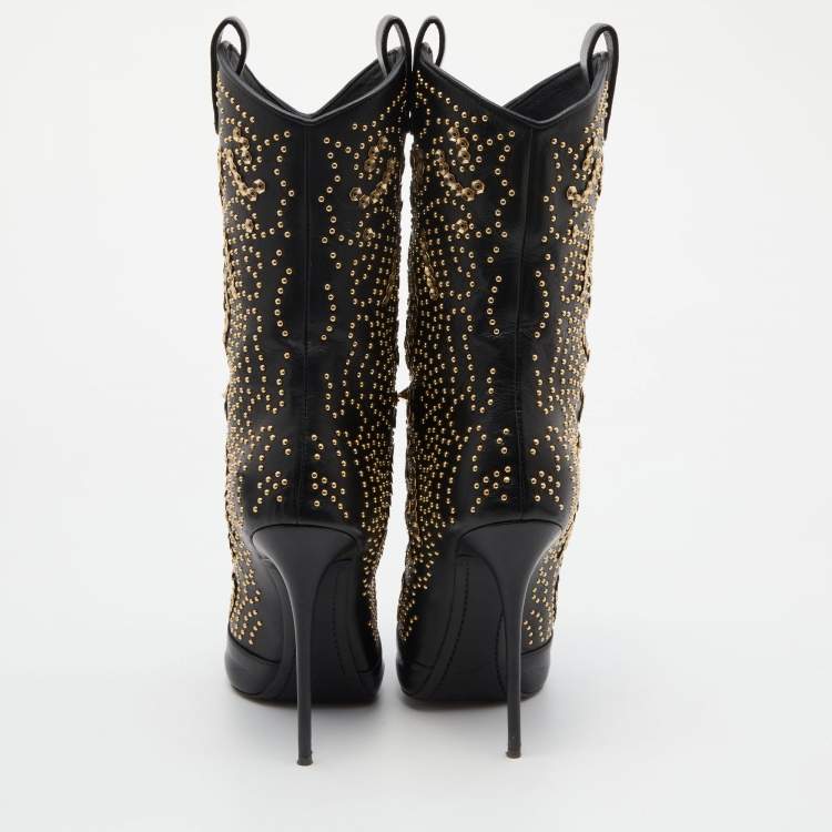 Pre Owned Giuseppe Zanotti Black Leather Crystal Embellished Calf Length Boots Size 40