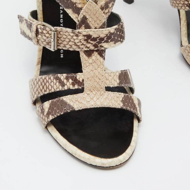 Pre Owned Giuseppe Zanotti Off White/Brown Python Embossed Leather Strappy Sandals Size 38