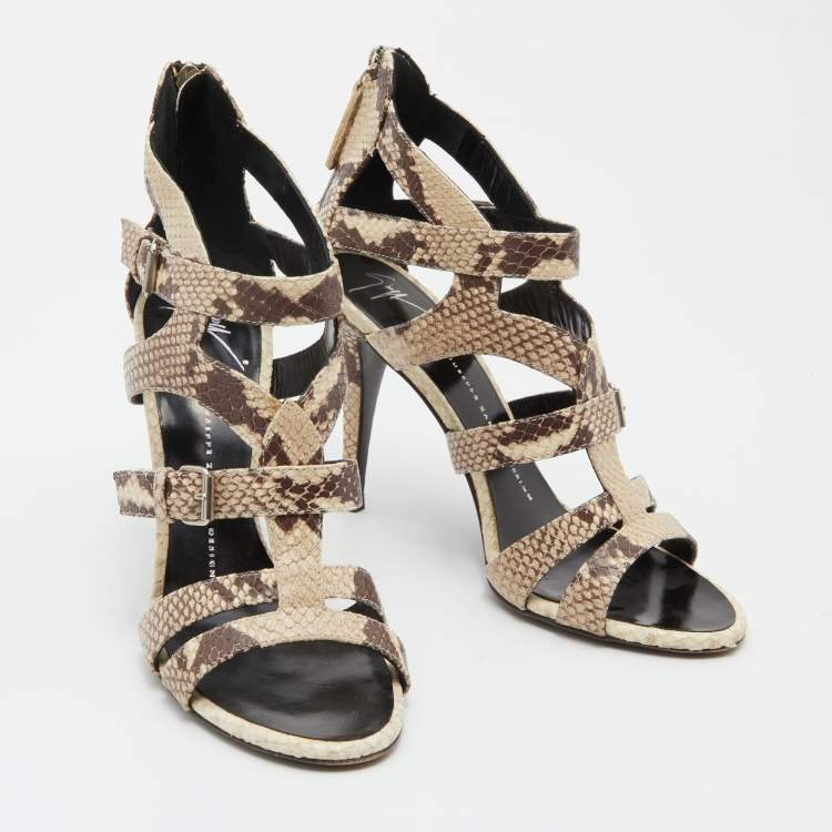 Pre Owned Giuseppe Zanotti Off White/Brown Python Embossed Leather Strappy Sandals Size 38