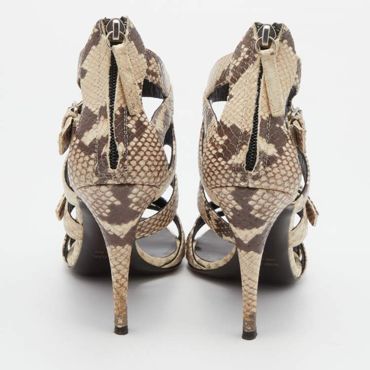 Pre Owned Giuseppe Zanotti Off White/Brown Python Embossed Leather Strappy Sandals Size 38