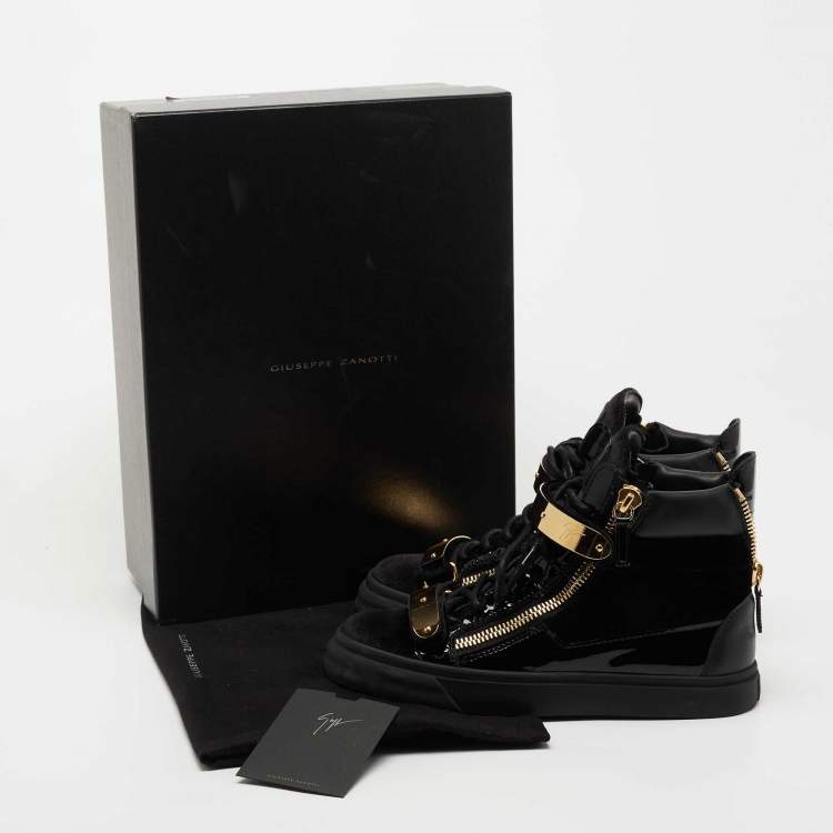 Pre Owned Giuseppe Zanotti Black Leather and Velvet Double Chain High Top Sneakers Size 38