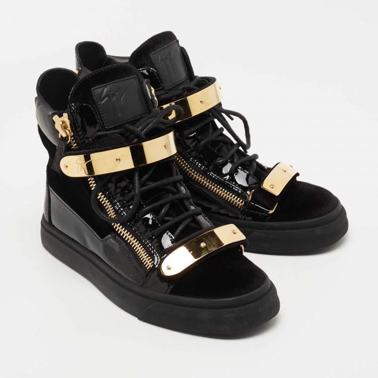 Pre Owned Giuseppe Zanotti Black Leather and Velvet Double Chain High Top Sneakers Size 38