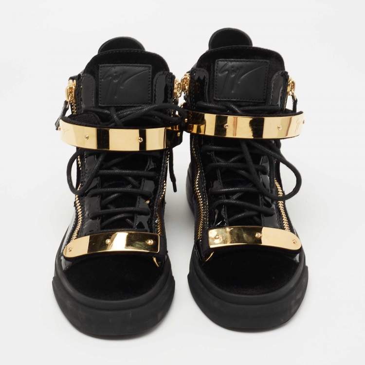 Pre Owned Giuseppe Zanotti Black Leather and Velvet Double Chain High Top Sneakers Size 38