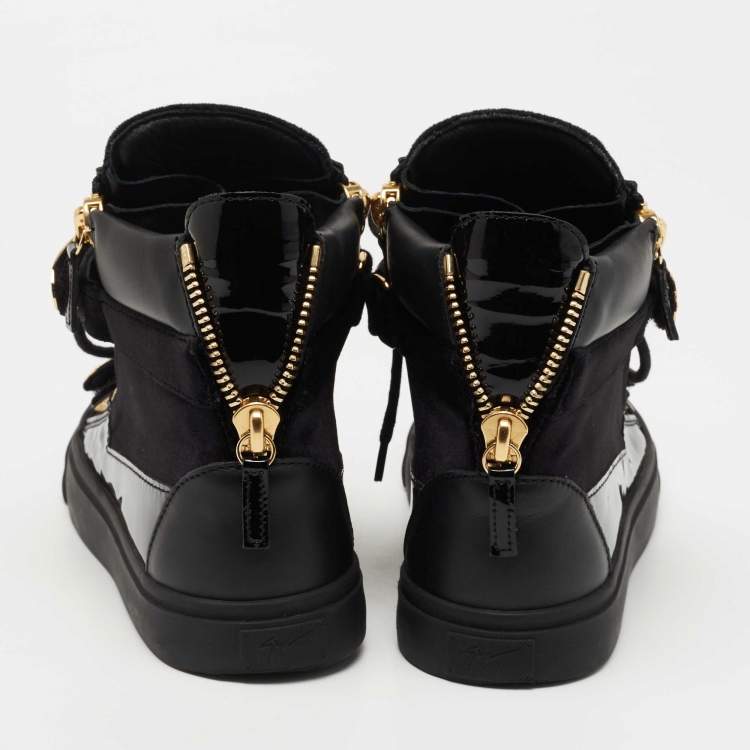 Pre Owned Giuseppe Zanotti Black Leather and Velvet Double Chain High Top Sneakers Size 38