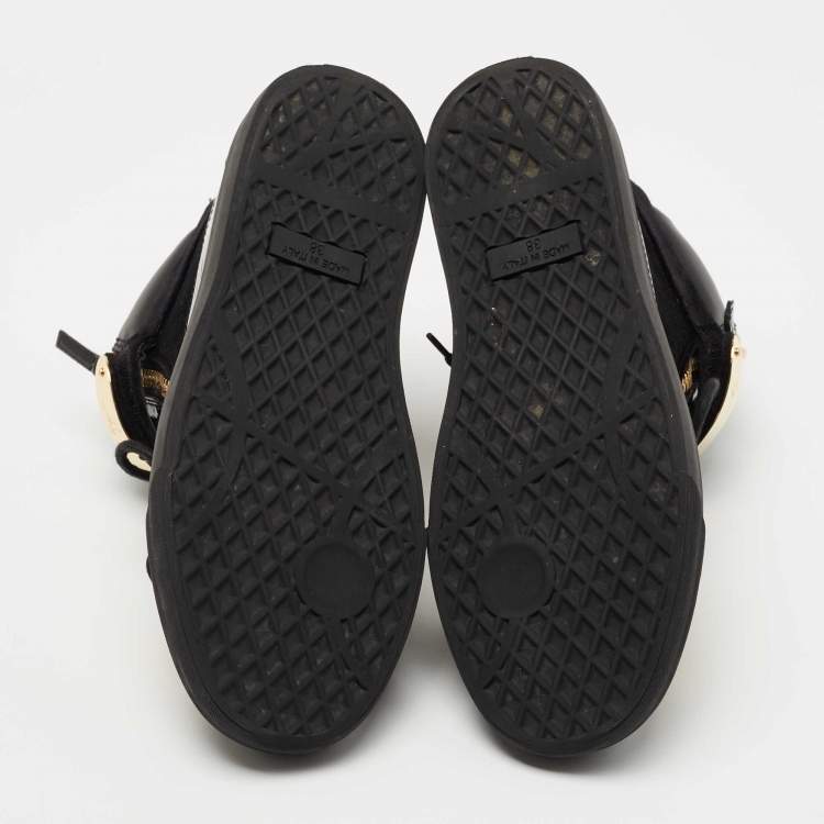 Pre Owned Giuseppe Zanotti Black Leather and Velvet Double Chain High Top Sneakers Size 38