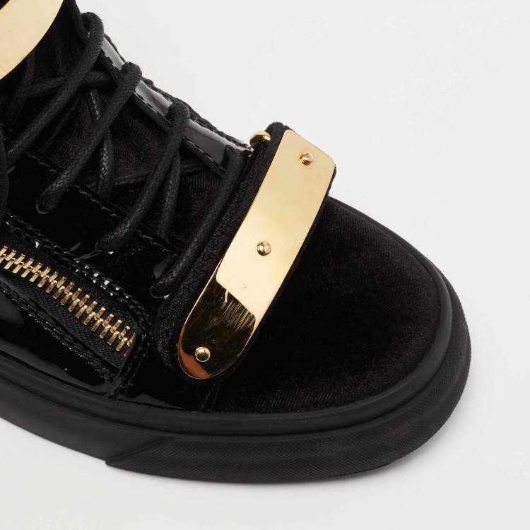 Pre Owned Giuseppe Zanotti Black Leather and Velvet Double Chain High Top Sneakers Size 38