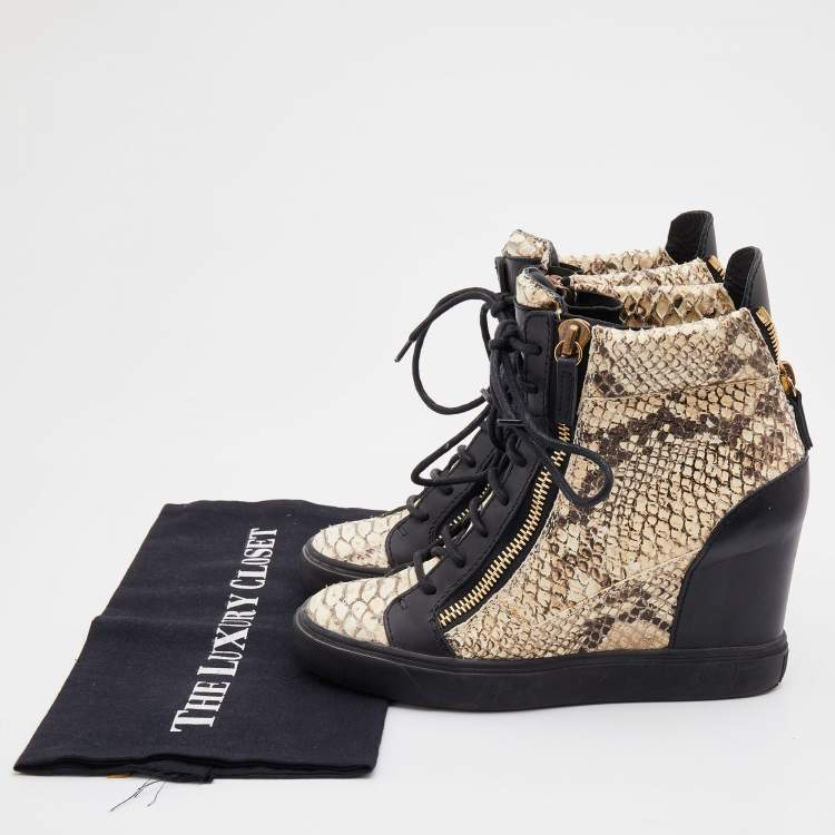 Pre Owned Giuseppe Zanotti Beige/Black Python Embossed Leather Coby High Top Sneakers Size 39