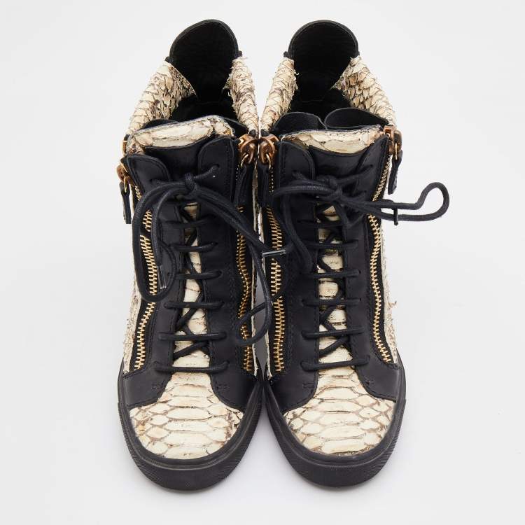 Pre Owned Giuseppe Zanotti Beige/Black Python Embossed Leather Coby High Top Sneakers Size 39