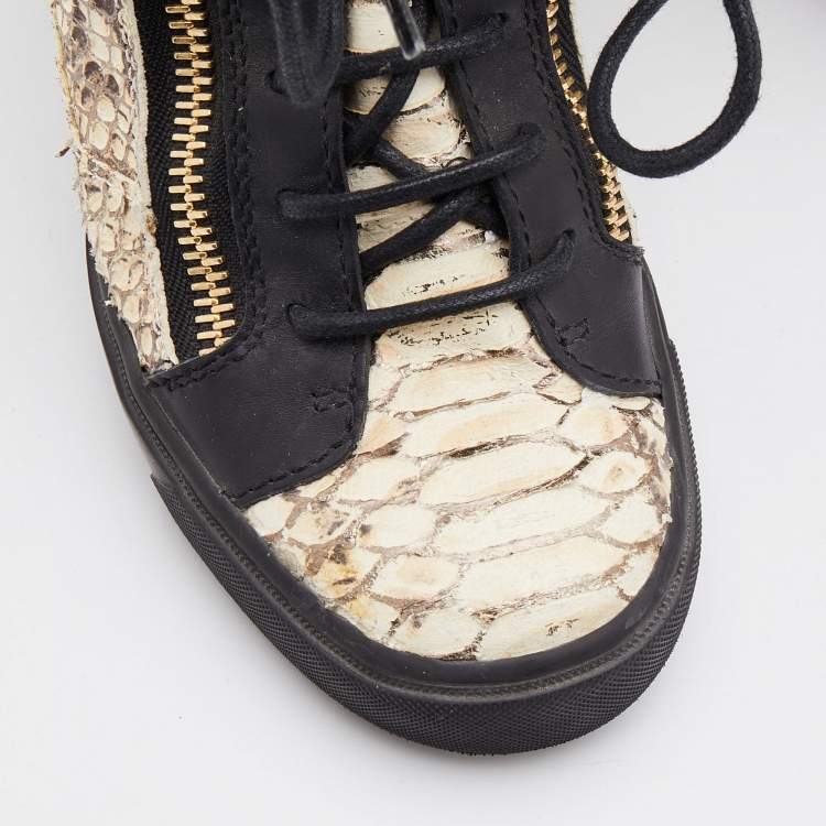 Pre Owned Giuseppe Zanotti Beige/Black Python Embossed Leather Coby High Top Sneakers Size 39