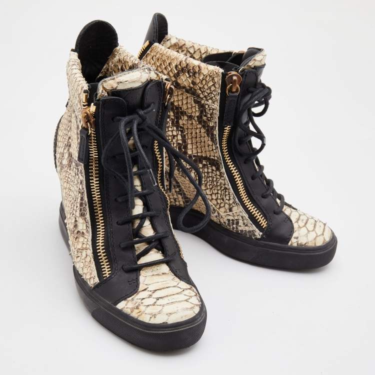 Pre Owned Giuseppe Zanotti Beige/Black Python Embossed Leather Coby High Top Sneakers Size 39